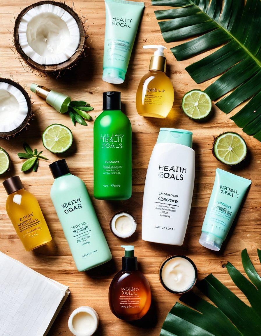 An elegant flat lay of hair care products like shampoos, conditioners, and serums, surrounded by fresh ingredients like coconut and aloe vera. Include a notebook titled 'Healthy Hair Goals' with a pen beside it, and soft natural lighting to create a calming atmosphere. The background should be a light wood texture to evoke a spa-like feeling. super-realistic. vibrant colors. soft focus.