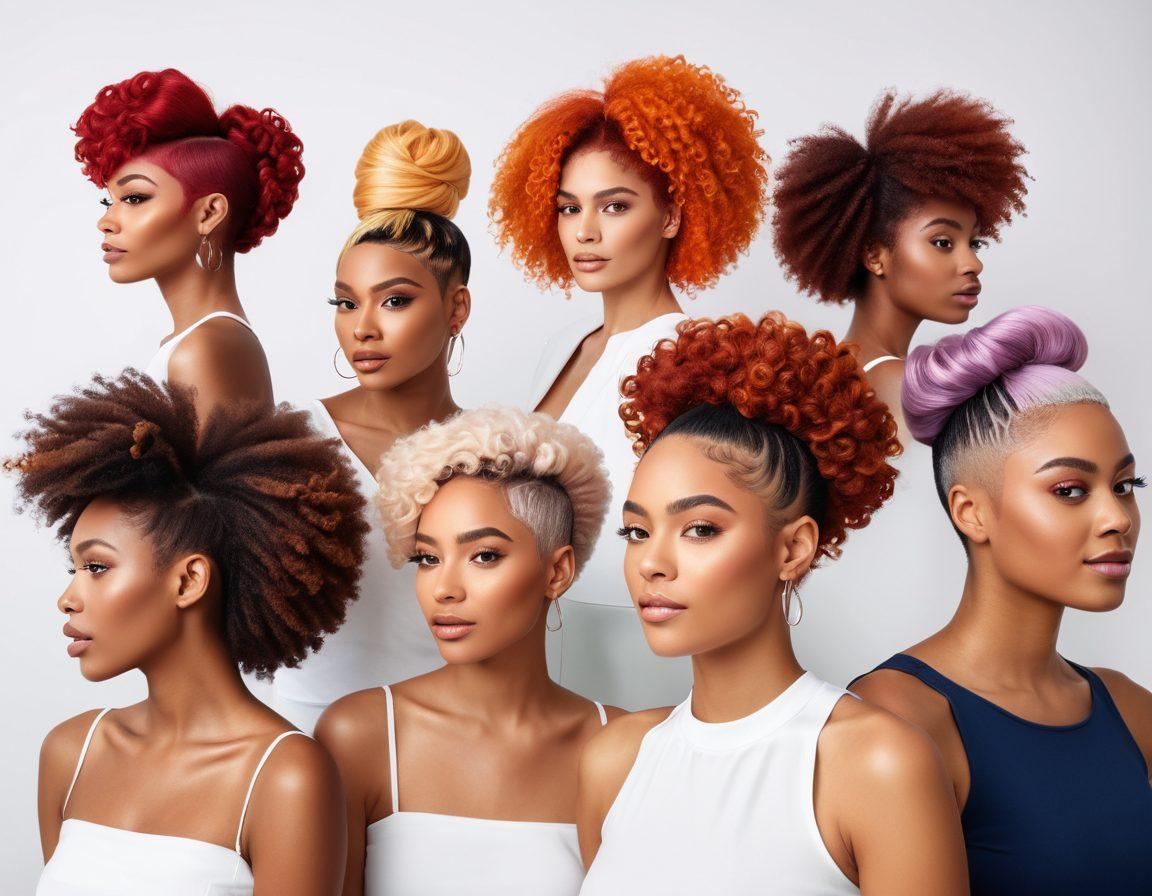 A diverse group of women showcasing stunning hairstyles in a vibrant salon setting, highlighting the latest hair trends for 2023. Include hair tools, colorful hair products, and inspirational quotes on the walls about hair goals. Bright and inviting atmosphere with natural light streaming in. Realistic textures of different hair types and colors. super-realistic. vibrant colors. white background.