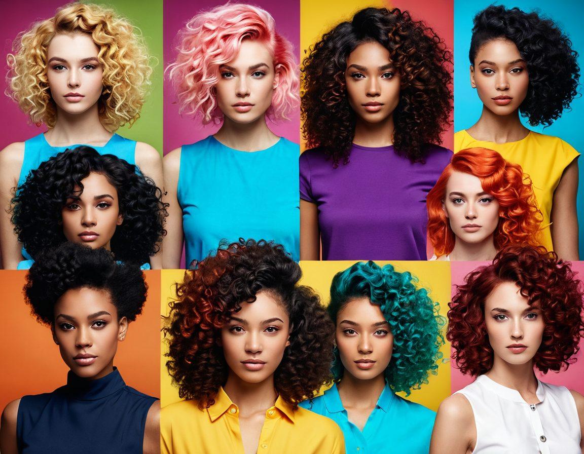 A vibrant collage showcasing diverse hairstyles tailored for different hair types, including straight, curly, and wavy textures. Each hairstyle is styled creatively with modern techniques, featuring dynamic movement and flair. The background should reflect a trendy salon environment, emphasizing innovation and style. Bright colors and playful elements should enhance the appeal. super-realistic. vibrant colors. stylish background.